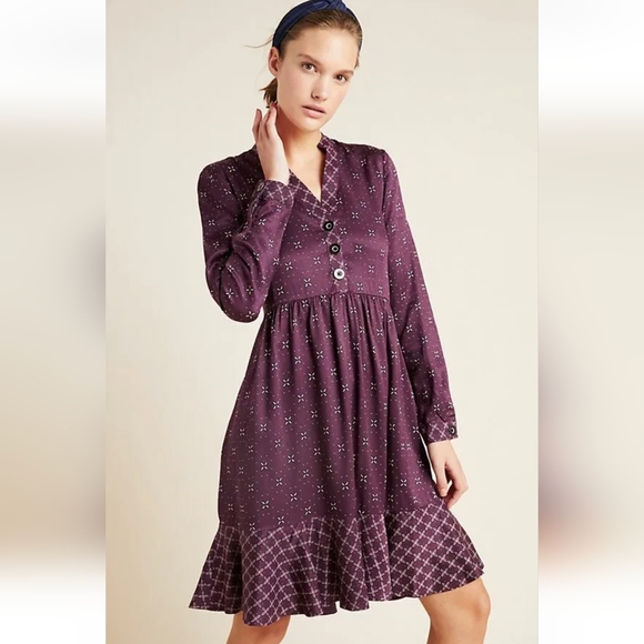 Anthropologie Dresses & Skirts - Anthropology Maeve Gillian Abstract Dress Purple Wine XL Ruffle Hem Relaxed Fit